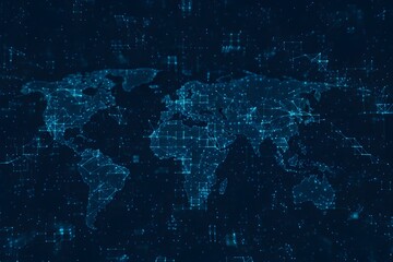 Global network connection illustration on a digital world map displayed in a futuristic cyberpunk style from a high viewpoint