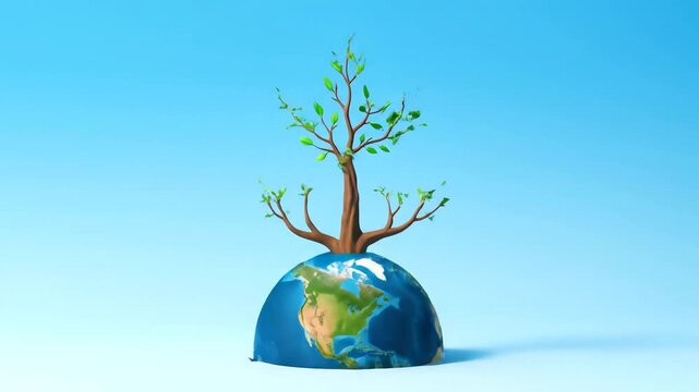 Striking visual of a vibrant green tree thriving atop a half-sphere world map, symbolizing crucial themes of environmental responsibility, global ecology, and sustainable living for a healthy future.