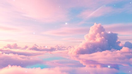 A dreamy and ethereal landscape of soft pink and purple clouds under a pastel blue sky, illuminated by magical glowing sparkles.