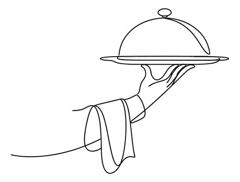 Continuous line art illustration of a hand holding a serving cloche depicting premium service for dining