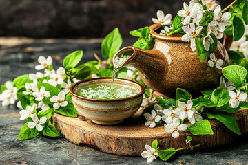 A teapot pours green tea into a bowl, surrounded by fresh mint leaves and delicate white flowers on a rustic wooden surface.