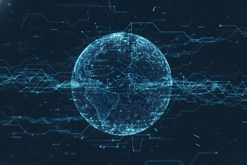 Futuristic digital representation of a glowing blue globe surrounded by complex network connections and circuitry lines viewed from a futuristic perspective