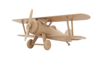 A beautifully crafted light brown wooden biplane toy is presented on a clean black background under soft studio lighting evoking a childlike wonder