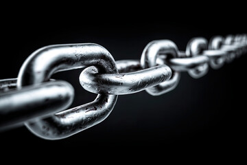 Fototapeta premium A close-up view of a shiny metallic chain, emphasizing its links against a dark background, showcasing strength and durability.