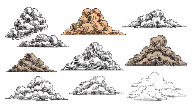 Set of clouds in hand drawn vintage retro style isolated on white background. Cartoon design elements. Vector illustration.