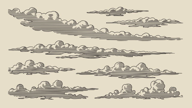 a set collection of clouds cloud hand drawn pen brush illustration