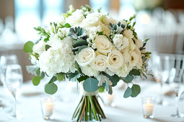 A stunning white floral bouquet featuring roses and hydrangeas, elegantly arranged for a table setting with candles in a refined ambiance.