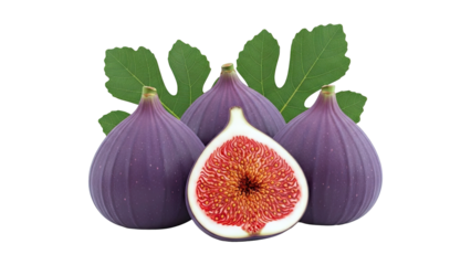 Ripe Purple Figs with Leafy Accents and One Cut Fig