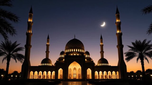Mosque silhouette at sunset with crescent moon and palm trees.