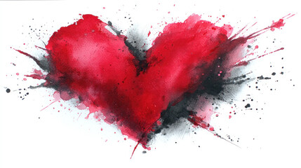 Red Heart with Black Paint Splatters on White Background