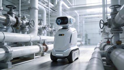 Autonomous robot navigates industrial plant with metal pipes, exemplifying factory automation, AI integration, and smart manufacturing for efficient operations.