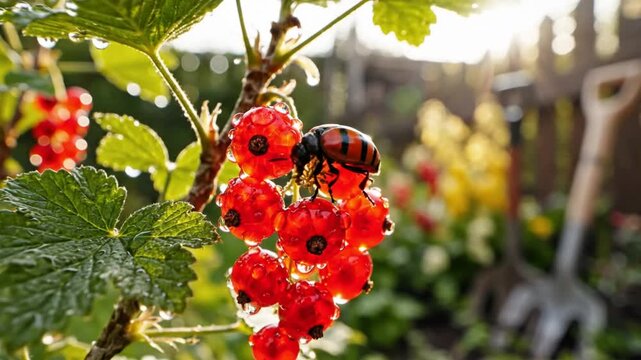 Red currant berries glistening with morning dew attract a vibrant beetle in a sunlit garden setting.
