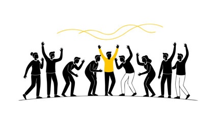 A diverse group of people celebrating a shared success with a prominent leader in yellow.