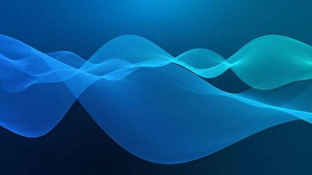 Abstract blue and teal flowing ribbons moving across a dark blue gradient background for artistic and technological concepts