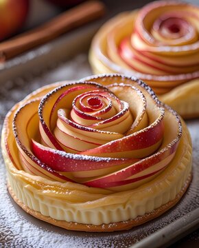 "Apple Rose Tart"
Description: An elegant apple tart shaped like a blooming rose, layered with thin apple slices, creamy custard, and a delicate dusting of sugar.