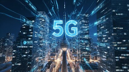 Futuristic cityscape at dusk with 5G network connectivity and data transmission visualized around skyscrapers and roads