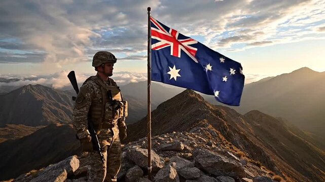 Soldier Raising Australian Flag atop Mountain Peak During Sunrise representing Patriotism and Achievement