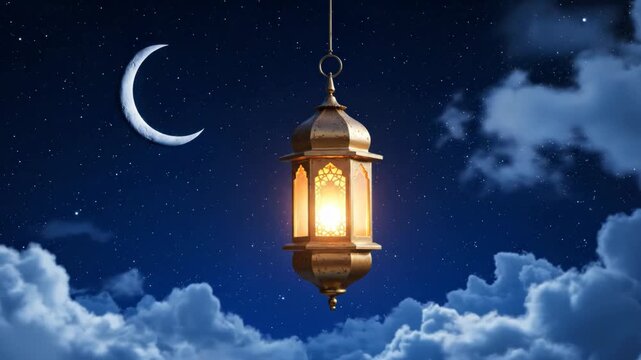 Vintage lantern glowing against a blue night sky background