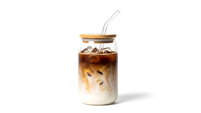 Refreshing iced coffee latte with beautiful milk swirls in a minimalist glass can cup with a bamboo lid and glass straw, isolated on a clean white background. 