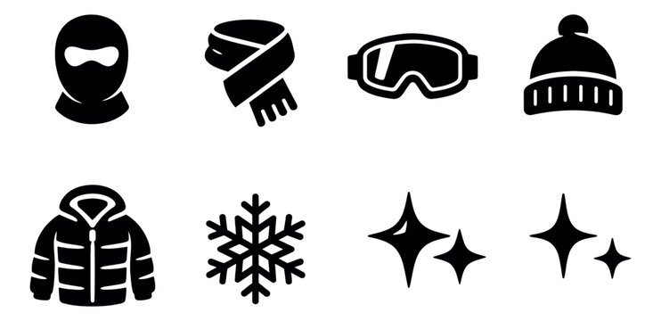 Simple icon winter essentials set featuring a balaclava, scarf, ski goggles, beanie, winter jacket, snowflake, and sparkles for cold weather and snow activities