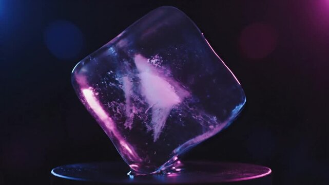 Mesmerizing close up shot of a rotating ice cube illuminated with pink and blue lights on a black background