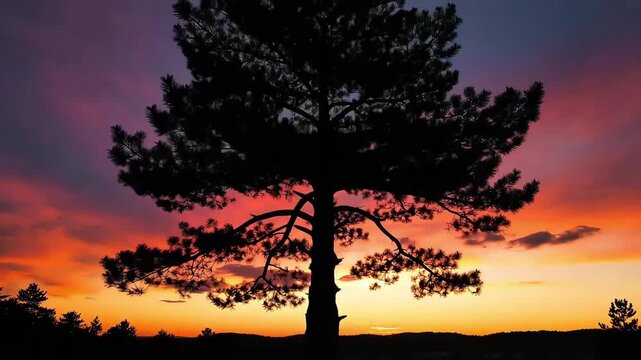 Majestic silhouette of a solitary pine tree against a vibrant sunset sky evoking feelings of peace tranquility and natural beauty for landscape design projects