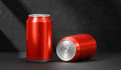 A red aluminum soda can with water droplets clinging to it, placed in a dark room with light and shadow effects