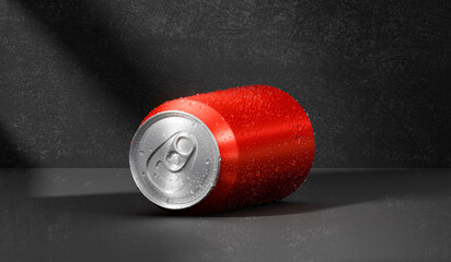 A red aluminum soda can with water droplets clinging to it, placed in a dark room with light and shadow effects