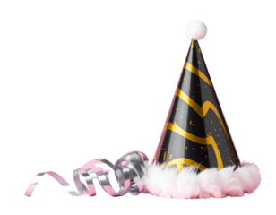 - Black and Gold Party Hat and Silver Streamer Bundle
