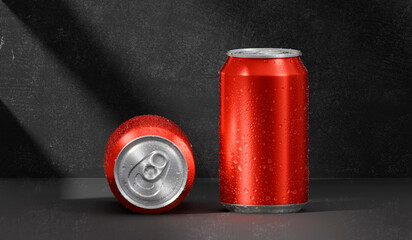 A red aluminum soda can with water droplets clinging to it, placed in a dark room with light and shadow effects