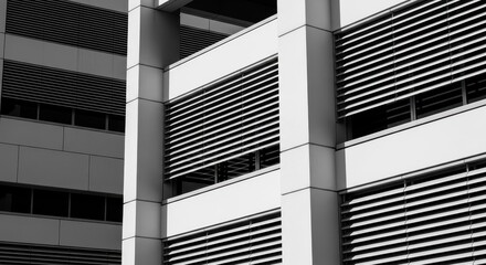 Modern architectural facade displays horizontal louvers and strong geometric patterns in monochrome.