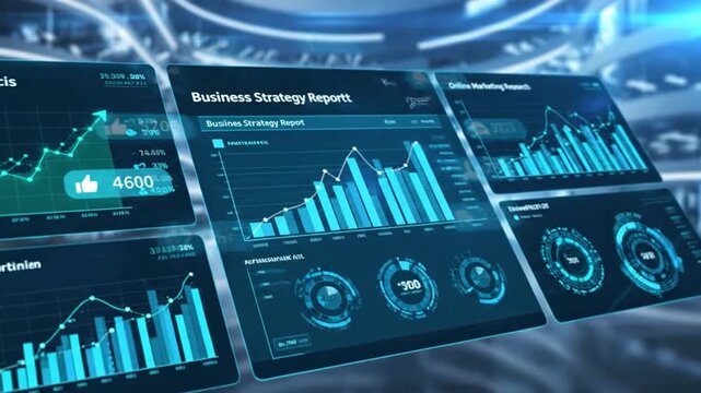 Futuristic business strategy report displayed on multiple futuristic digital screens with graphs and charts in a high-tech environment