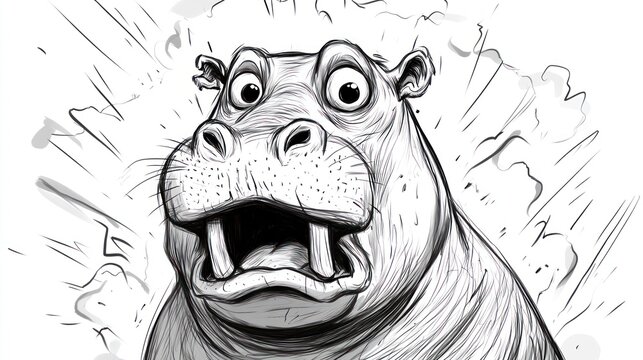 Cartoon hippopotamus with surprised expression, dramatic background