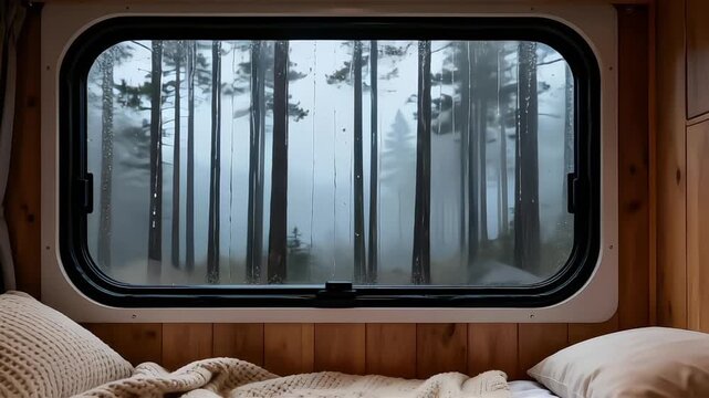 Static Cozy Camper Van Interior View Through Rainy Window Facing Misty Pine Forest in Calm Atmosphere