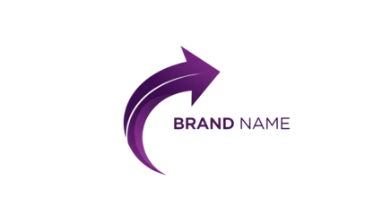 Purple Gradient Curved Arrow Logo Concept with 'BRAND NAME' Text