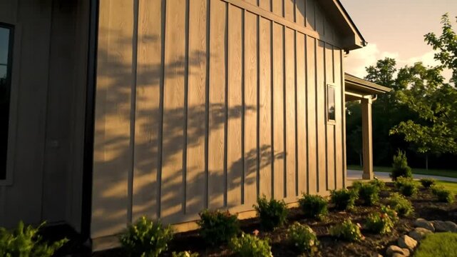 Low angle establishing shot of a modern home with vertical siding and manicured landscaping under a blue sky.