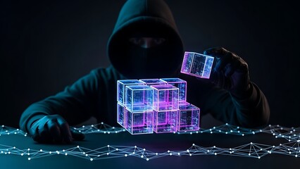 Cyber criminal manipulating glowing cube structures representing data blocks on a digital network grid