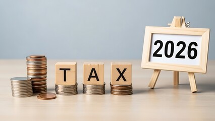Tax planning for the year 2026 with stacks of coins representing financial growth and planning.
