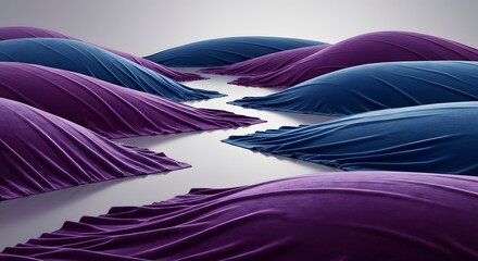 Vibrant purple and blue fabric hills arranged in a creative pattern on a white background with soft lighting