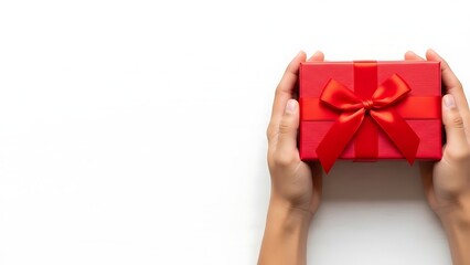 Hands holding a beautifully wrapped red gift box with a satin bow, ready to be given