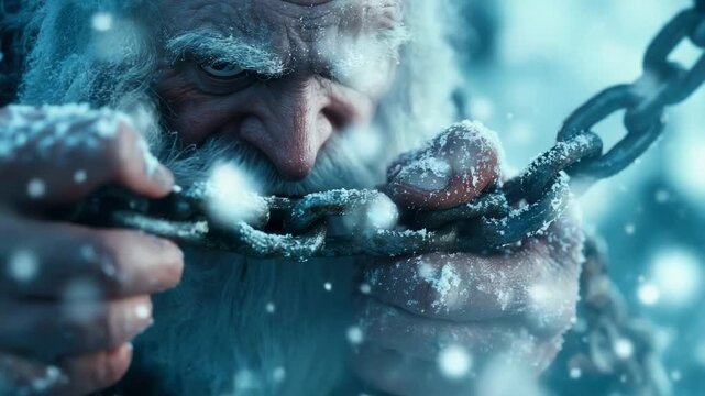 Determined elder breaking free from cold chains in snowstorm