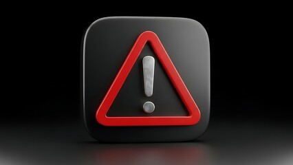 A 3d rendered icon representing a warning sign with an exclamation mark inside a red triangle on a black background.