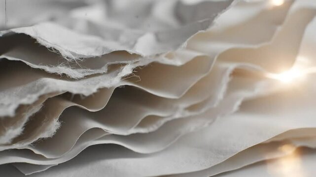 Close up view of stacked handmade paper with textured edges and rippled layers for background or presentation.