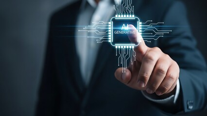 A businessman interacts with a glowing ai generative technology interface, representing innovation and the future of artificial intelligence