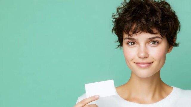 Woman smiling holding blank card against green background for advertising and branding concept