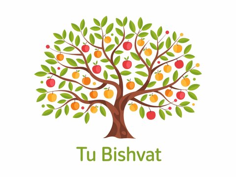 A colorful tree with green leaves and various fruits isolated on white background tu bishvat holiday symbol