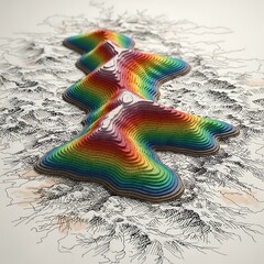 Layered topographical map visualization displays a colorful elevation profile against a background of sketched terrain details