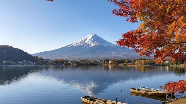 A breathtaking autumnal panorama showcases a majestic, snow-capped mountain dramatically rising in the distance, perfectly reflected in the serene waters of a tranquil lake. Vibrant red and orange map