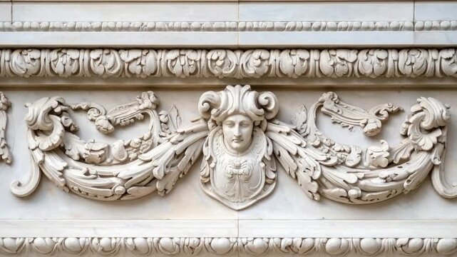Elegant white marble frieze featuring a classical female head and detailed foliage