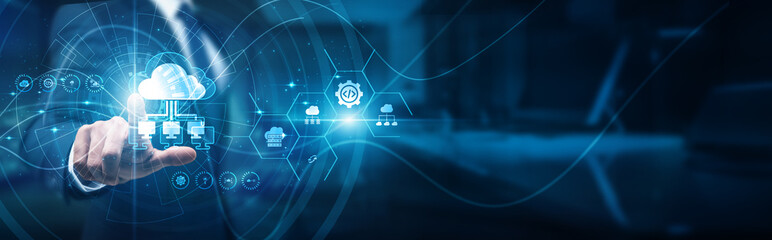 Cloud architects hand-touch platform cloud computing resources, scalability deployment...